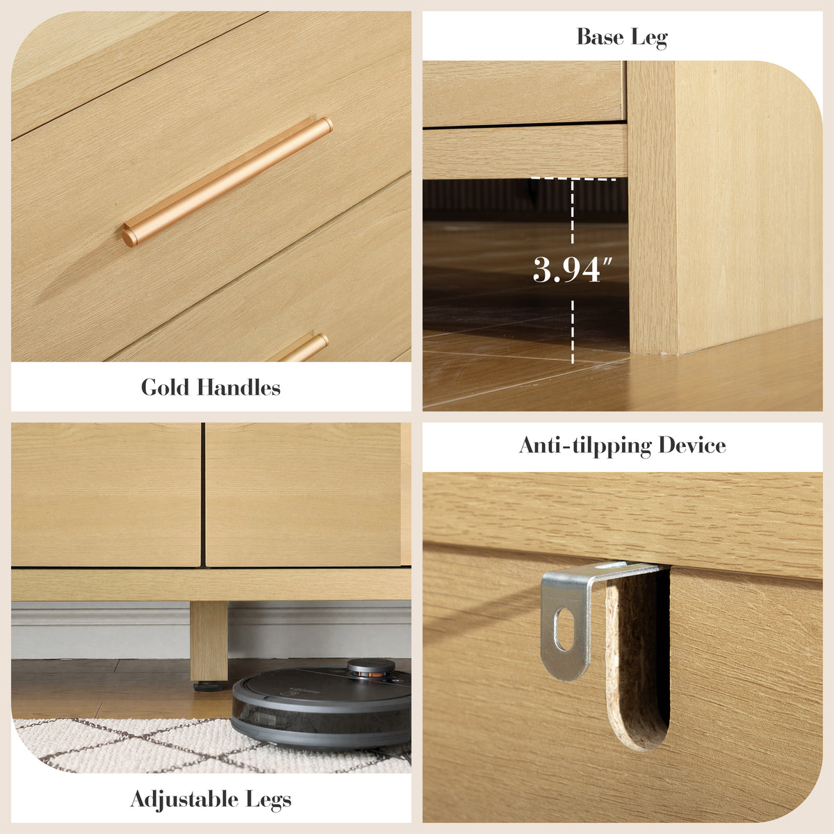 Vintagearth 6 Drawer Dresser for Bedroom, 54" Wide Storage Cabinet with Thick FSC-Certified Wood, Curved Edge Design, Large Capacity, Golden Oak