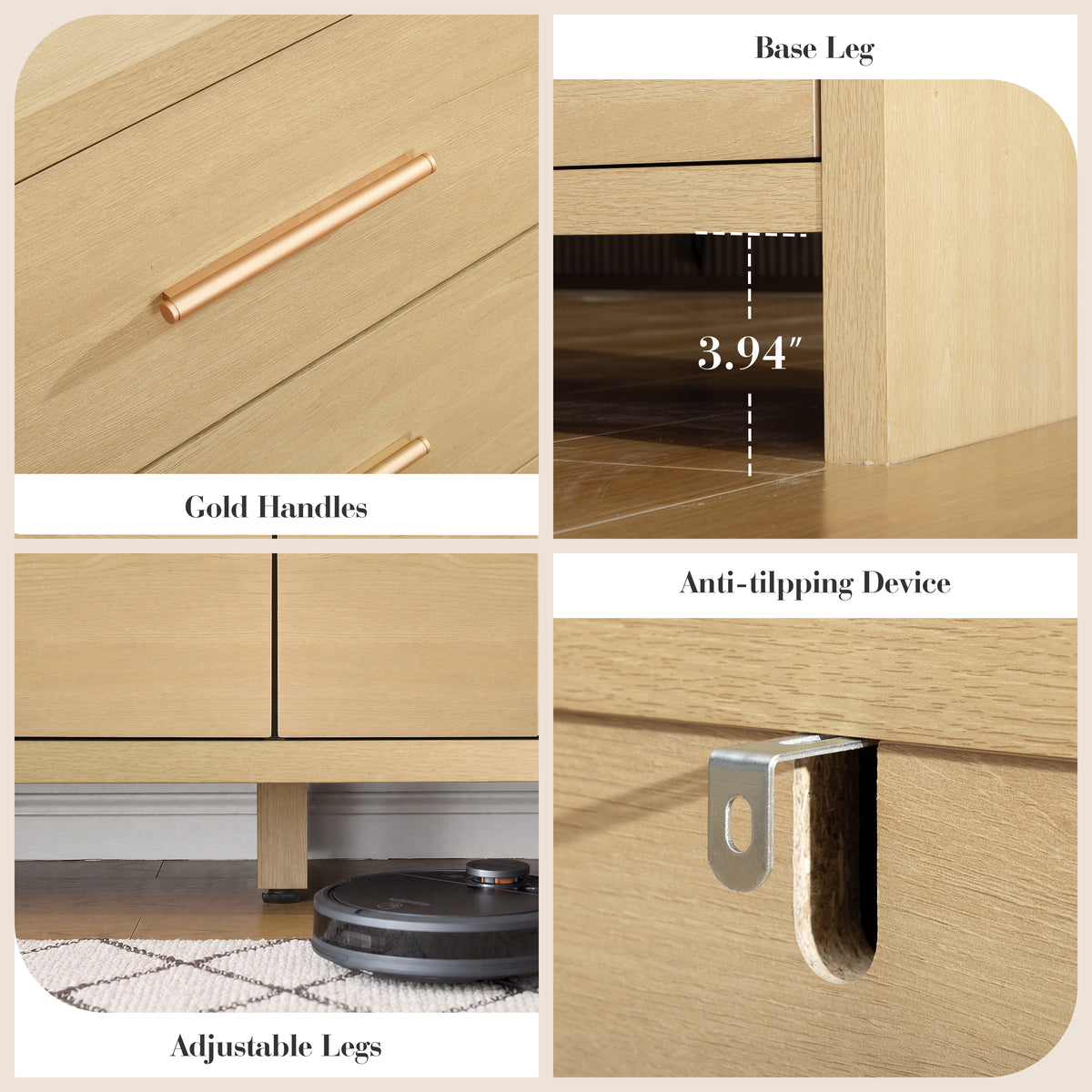 Vintagearth 9 Drawers Dresser for Bedroom, Curved FSC-certified Wood 1.18" Thick Board Dressers & Chests of Drawers for Living Room, Hallway, Entryway, Golden Oak