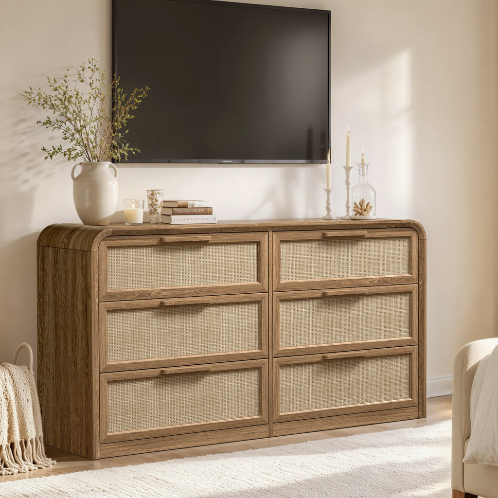 Vintagearth 6 Drawer Dresser for Bedroom, FSC‑Certified 1.18" Thick Wooden Curved Edge Chest of Drawers with Natural Rattan Drawer, Natural Oak