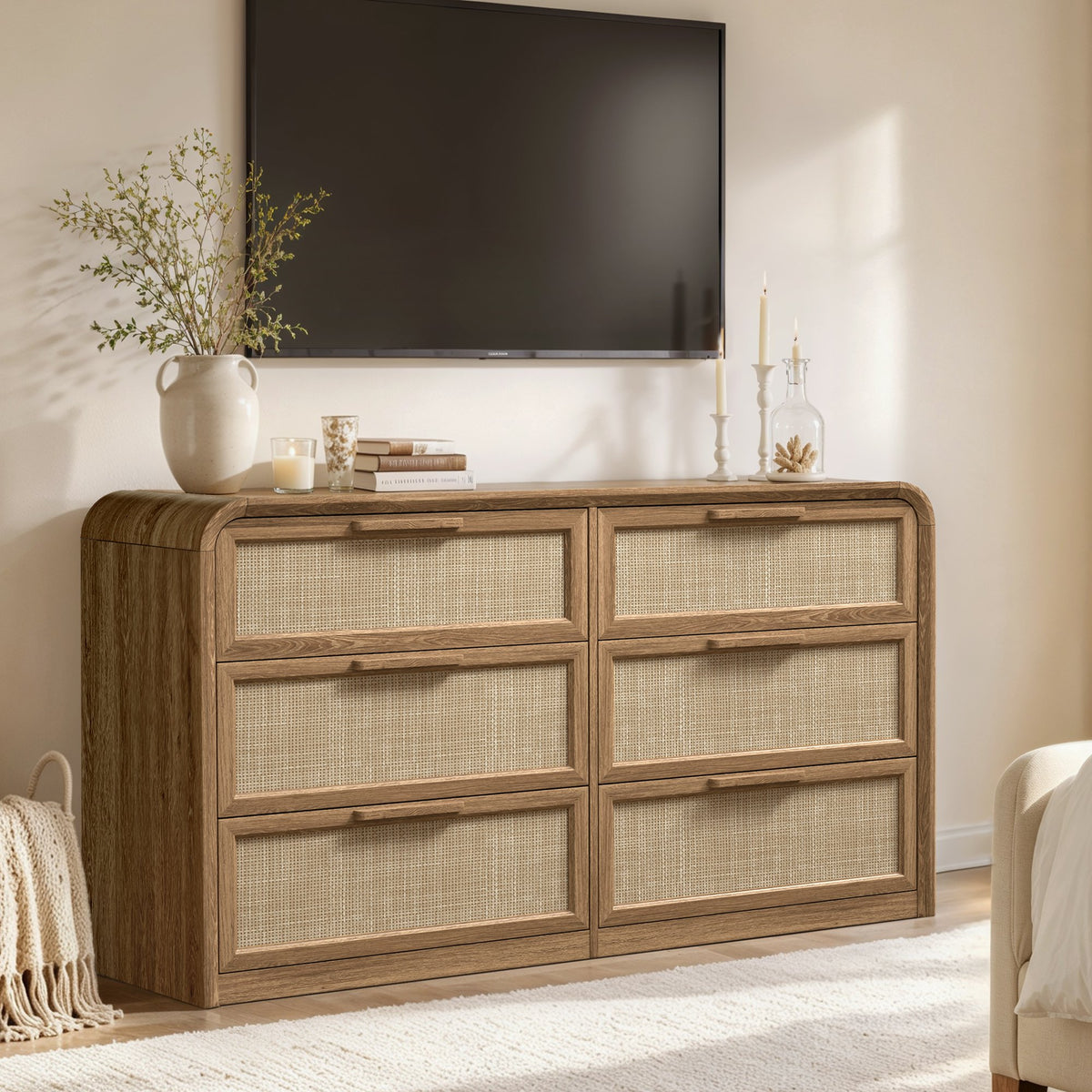 Vintagearth 6 Drawer Dresser for Bedroom, FSC‑Certified 1.18" Thick Wooden Curved Edge Chest of Drawers with Natural Rattan Drawer, Natural Oak