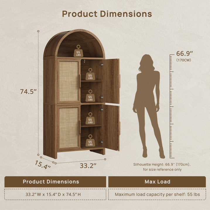 Vintagearth 74.5" Tall Arched Kitchen Pantry Cabinet, FSC‑Certified 1.38" Thick Board Rattan Freestanding Cupboard with 4 Doors for Kitchen, Dining Room, Natural Oak