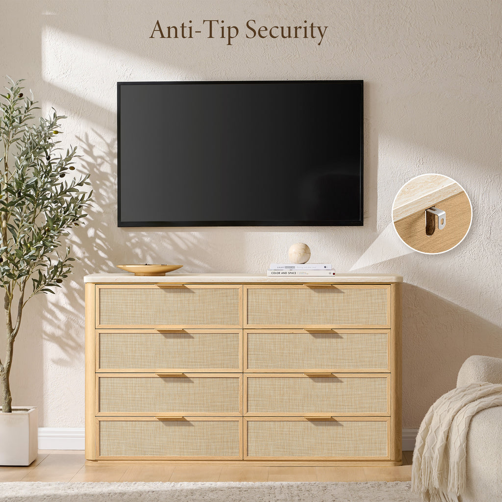 Vintagearth 8 Drawer Dresser for Bedroom, Rattan Fronts Faux Travertine Top 54.5" Wide Chest of Drawers, FSC-Certified Thick Wood, Natural Oak