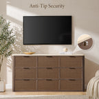 Vintagearth 9 Drawer Dresser for Bedroom, Rattan Fronts Faux Travertine Top 63.1" Wide Chest of Drawers, FSC-Certified Thick Wood, Dark Oak
