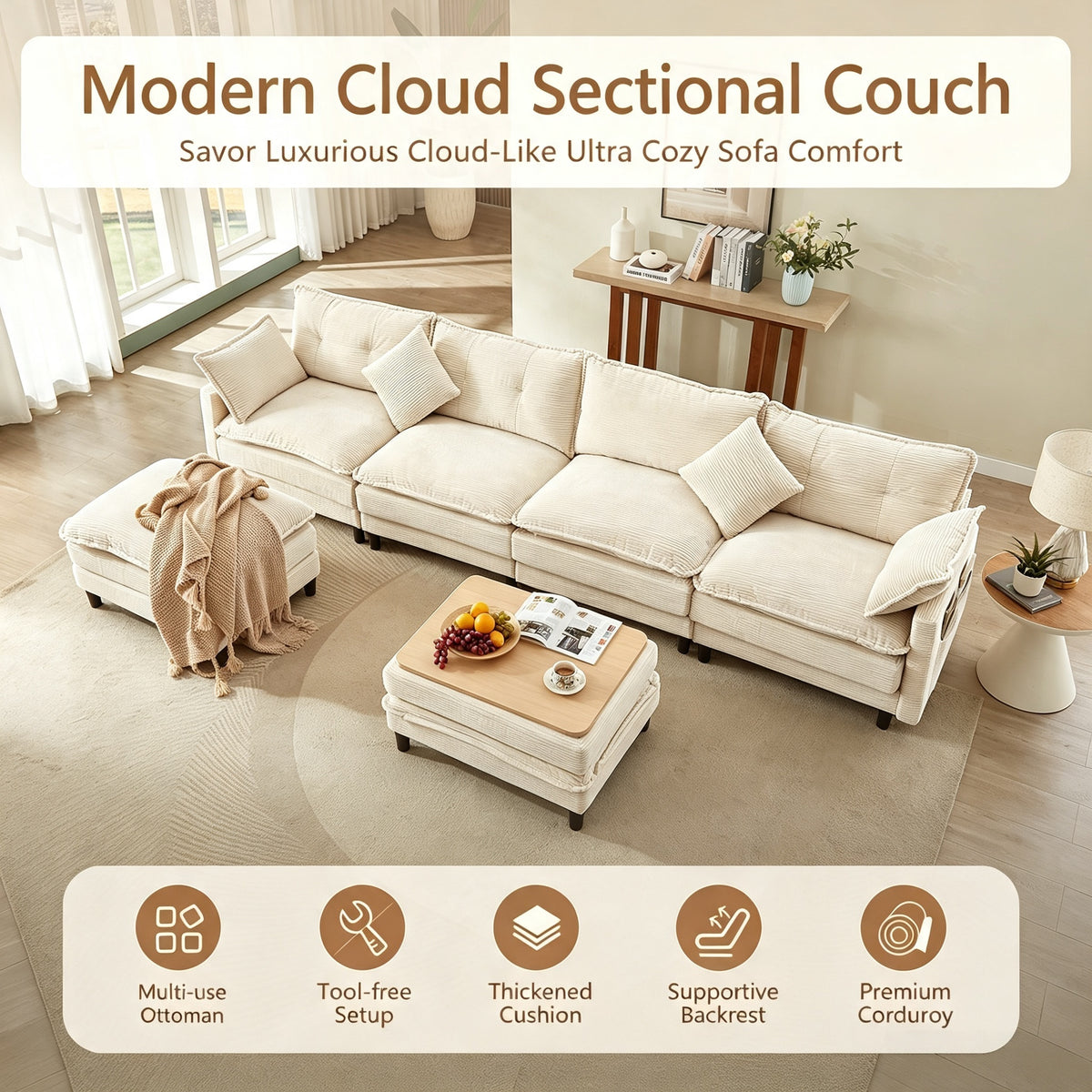 Vintagearth 141'' Modular Sectional Cloud Couch U Shaped with 2 Movable Ottomans & 4 Pillows Tool-free Easy Assembly for Living Room Apartment, Beige