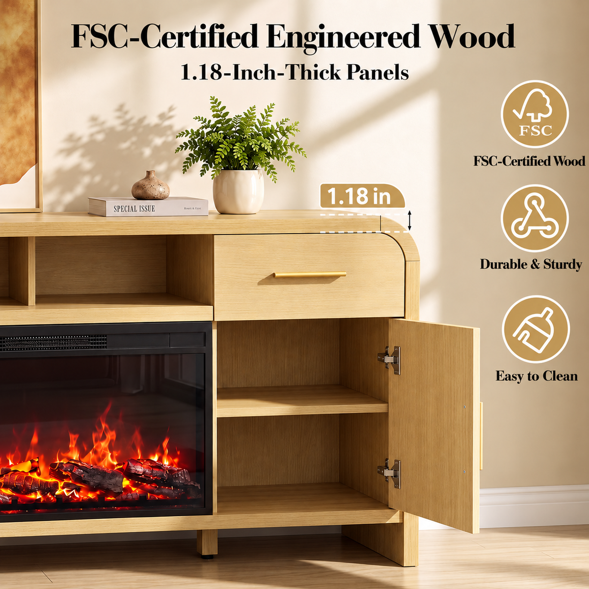 Vintagearth 70.86" Fireplace TV Stand for TVs up to 80", 36" Electric Fireplace Entertainment Center with Storage, Natural Oak