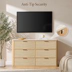 Vintagearth 6 Drawer Dresser for Bedroom, Rattan Fronts Faux Travertine Top 54.5" Wide Chest of Drawers, FSC-Certified Thick Wood, Natural Oak