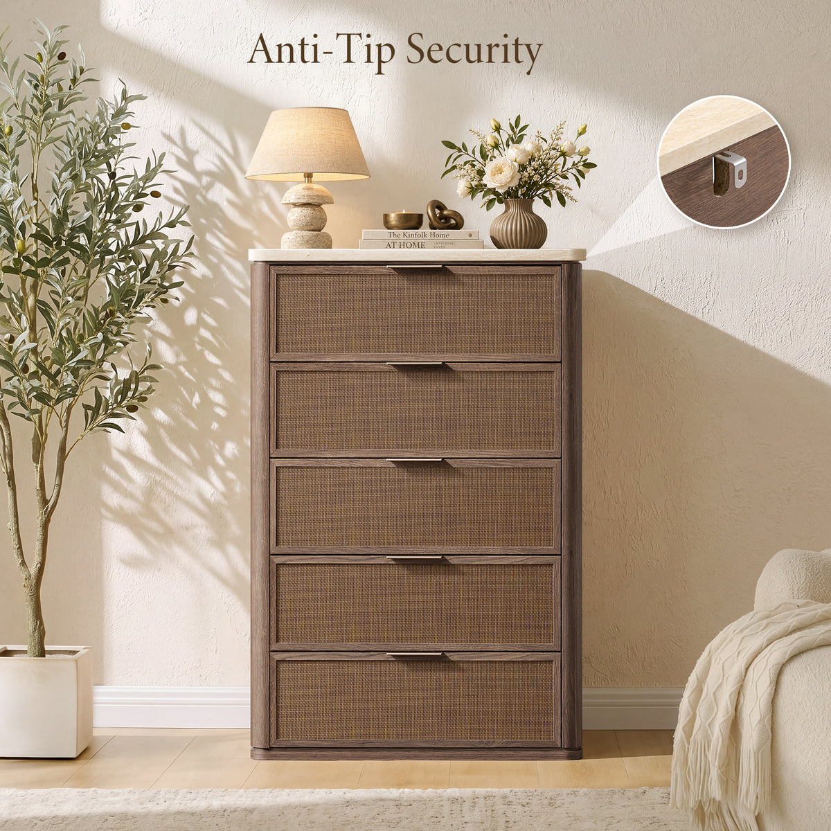 Vintagearth 5 Drawer Dresser for Bedroom, 46.2" Tall Chest of Drawers, 1.9" Thick Wood Rattan Fronts Faux Travertine Top, Dark Oak
