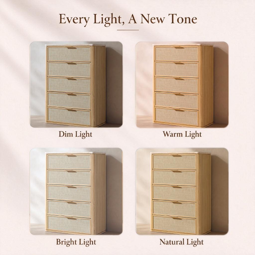 Vintagearth 5 Drawer Dresser for Bedroom, 46.2" Tall Chest of Drawers, 1.9" Thick Wood Rattan Fronts Faux Travertine Top, Natural Oak