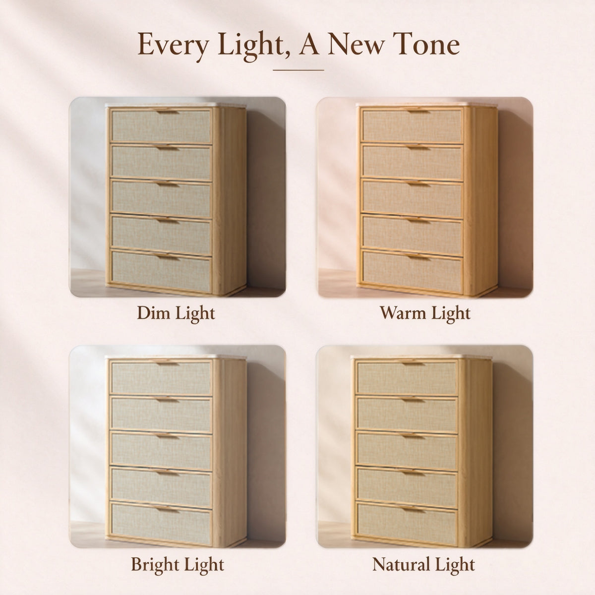 Vintagearth 5 Drawer Dresser for Bedroom, 46.2" Tall Chest of Drawers, 1.9" Thick Wood Rattan Fronts Faux Travertine Top, Natural Oak