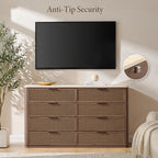 Vintagearth 8 Drawer Dresser for Bedroom, Rattan Fronts Faux Travertine Top 54.5" Wide Chest of Drawers, FSC-Certified Thick Wood, Dark Oak