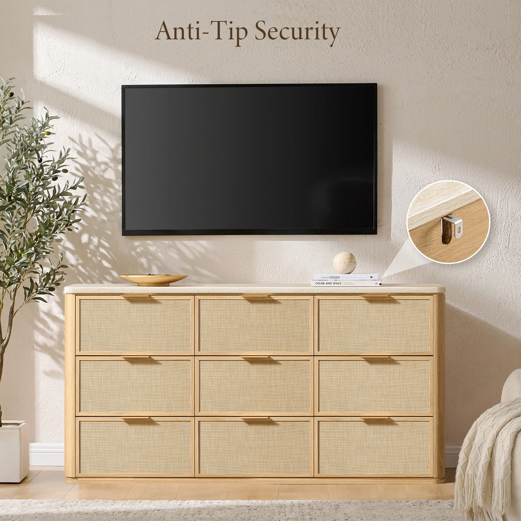 Vintagearth 9 Drawer Dresser for Bedroom, Rattan Fronts Faux Travertine Top 63.1" Wide Chest of Drawers, FSC-Certified Thick Wood, Natural Oak