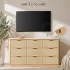 Vintagearth 9 Drawer Dresser for Bedroom, Rattan Fronts Faux Travertine Top 63.1" Wide Chest of Drawers, FSC-Certified Thick Wood, Natural Oak