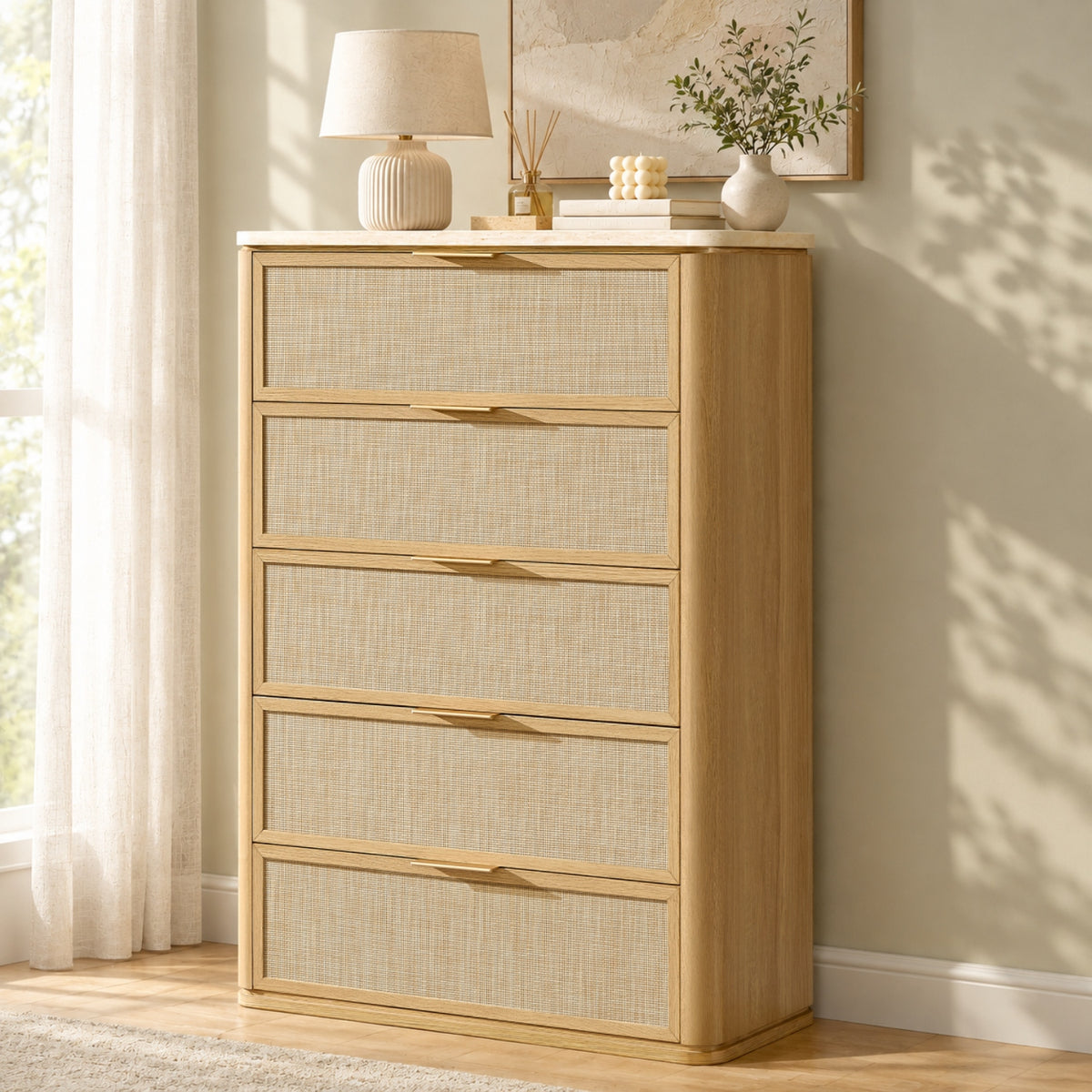 Vintagearth 5 Drawer Dresser for Bedroom, 46.2" Tall Chest of Drawers, 1.9" Thick Wood Rattan Fronts Faux Travertine Top, Natural Oak