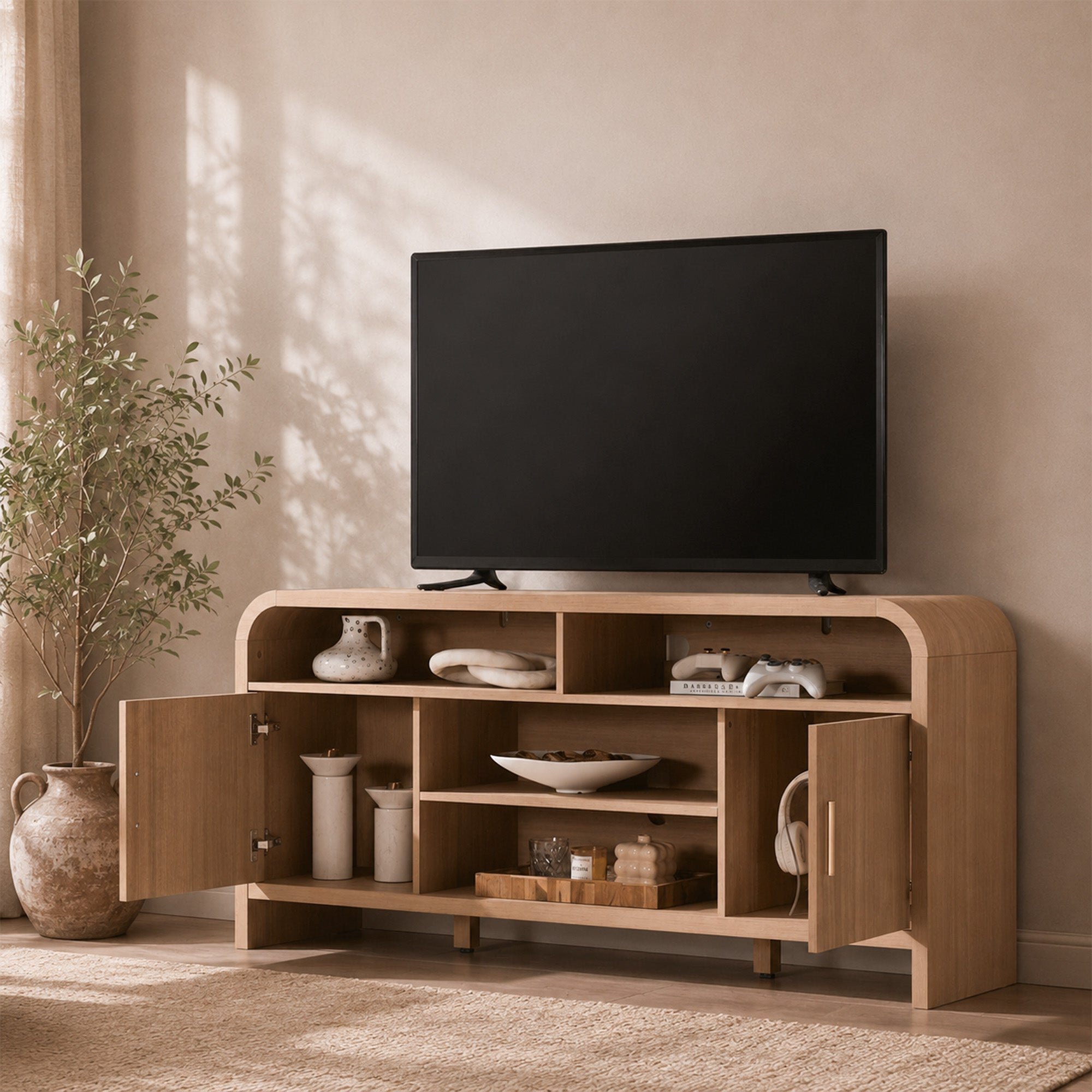 Vintagearth 3-Piece Oak TV Stand Set for TVs up to 65", Modern Entertainment Center with 2 Tall Storage Cabinets, Adjustable Shelves, Cable Management, FSC-Certified Engineered Wood, Oak