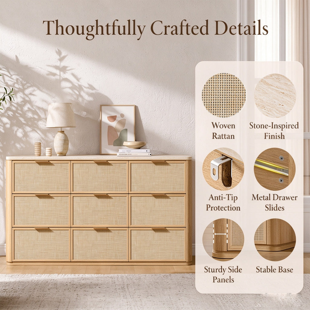 Vintagearth 3 Piece Dresser and Nightstand Set for Bedroom, Rattan 9-Drawer Dresser, 2-Drawer Nightstand Set of 2, Boho Bedroom Furniture Set, Natural Oak