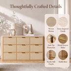 Vintagearth 3 Piece Dresser and Nightstand Set for Bedroom, Rattan 9-Drawer Dresser, 2-Drawer Nightstand Set of 2, Boho Bedroom Furniture Set, Natural Oak