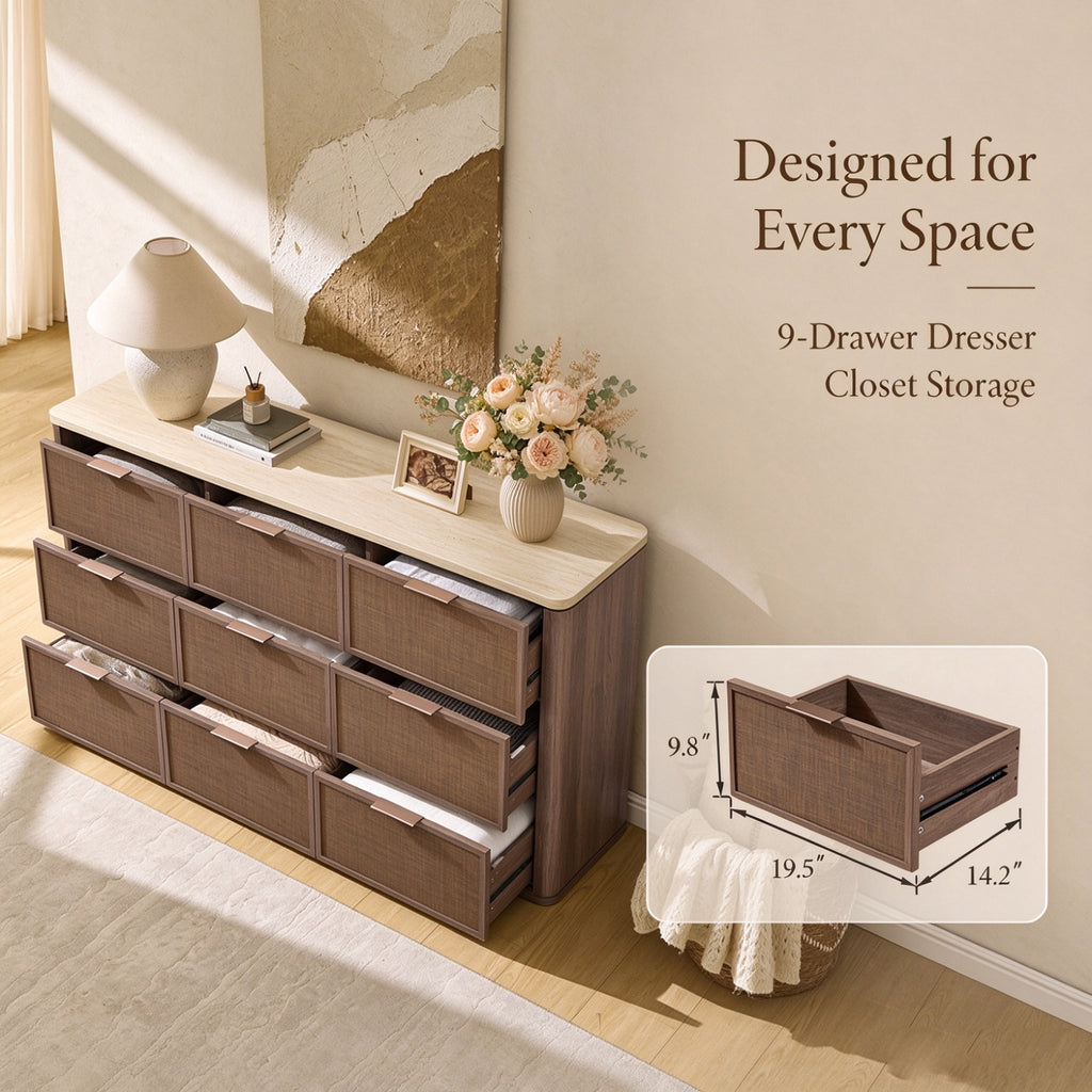Vintagearth 3 Piece Dresser and Nightstand Set for Bedroom, Rattan 9-Drawer Dresser, 2-Drawer Nightstand Set of 2, Boho Bedroom Furniture Set, Dark Oak