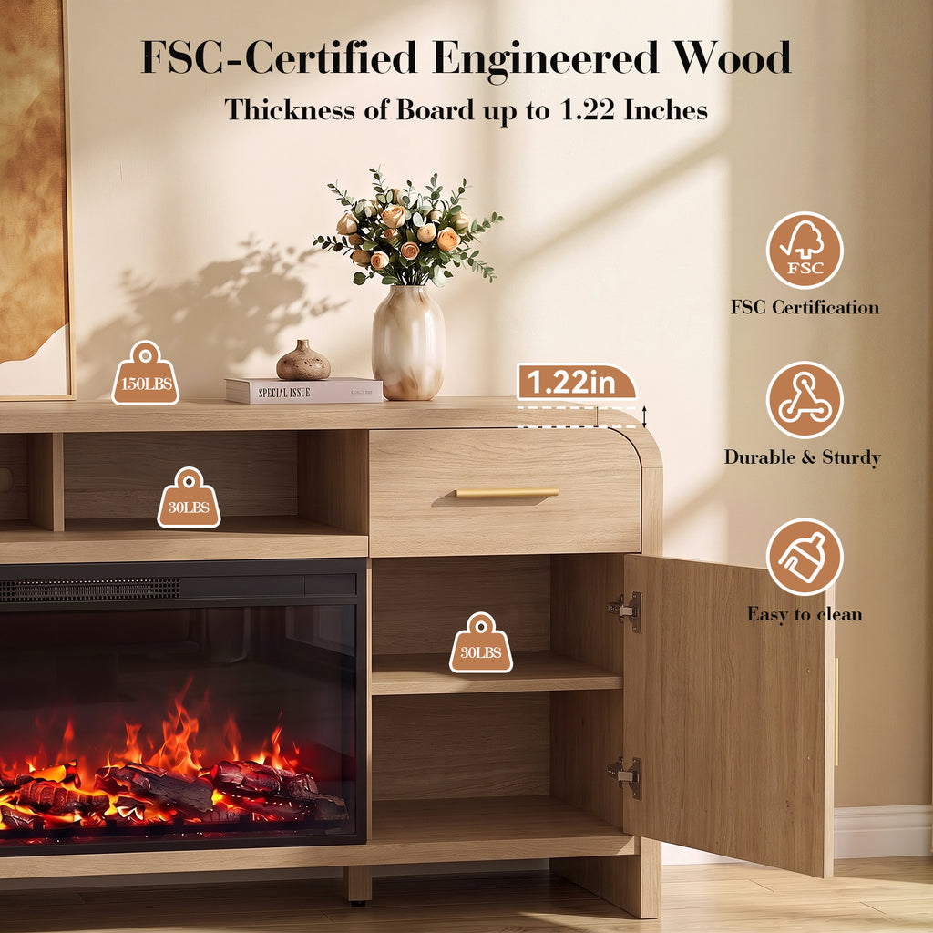 Vintagearth 70.86" Fireplace TV Stand for TVs up to 80", 36" Electric Fireplace Entertainment Center with Storage, Oak