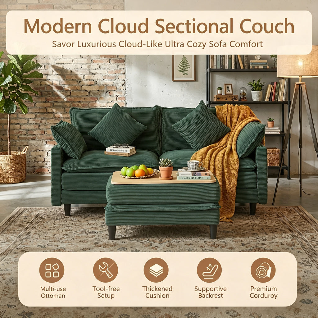 Vintagearth 73.5'' Sectional Modular Sofa Cloud Couch with 1 Ottomans & 4 Pillows Tool-free Easy Assembly for Living Room Apartment, Green