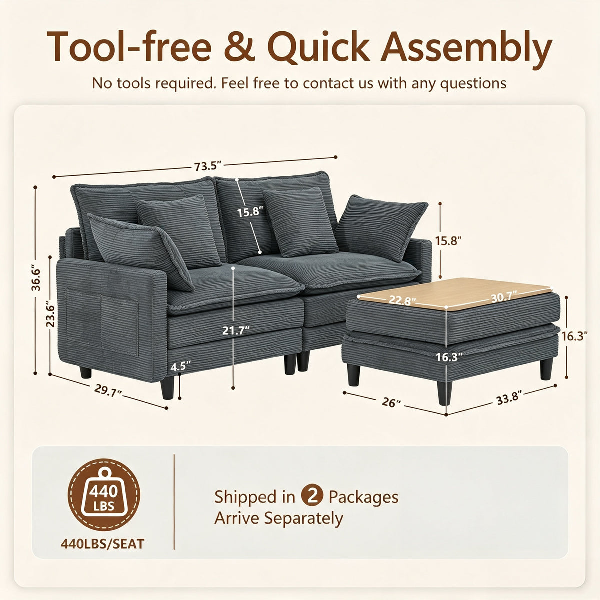 Vintagearth 73.5'' Sectional Modular Sofa Cloud Couch with 1 Ottomans & 4 Pillows Tool-free Easy Assembly for Living Room Apartment, Gray
