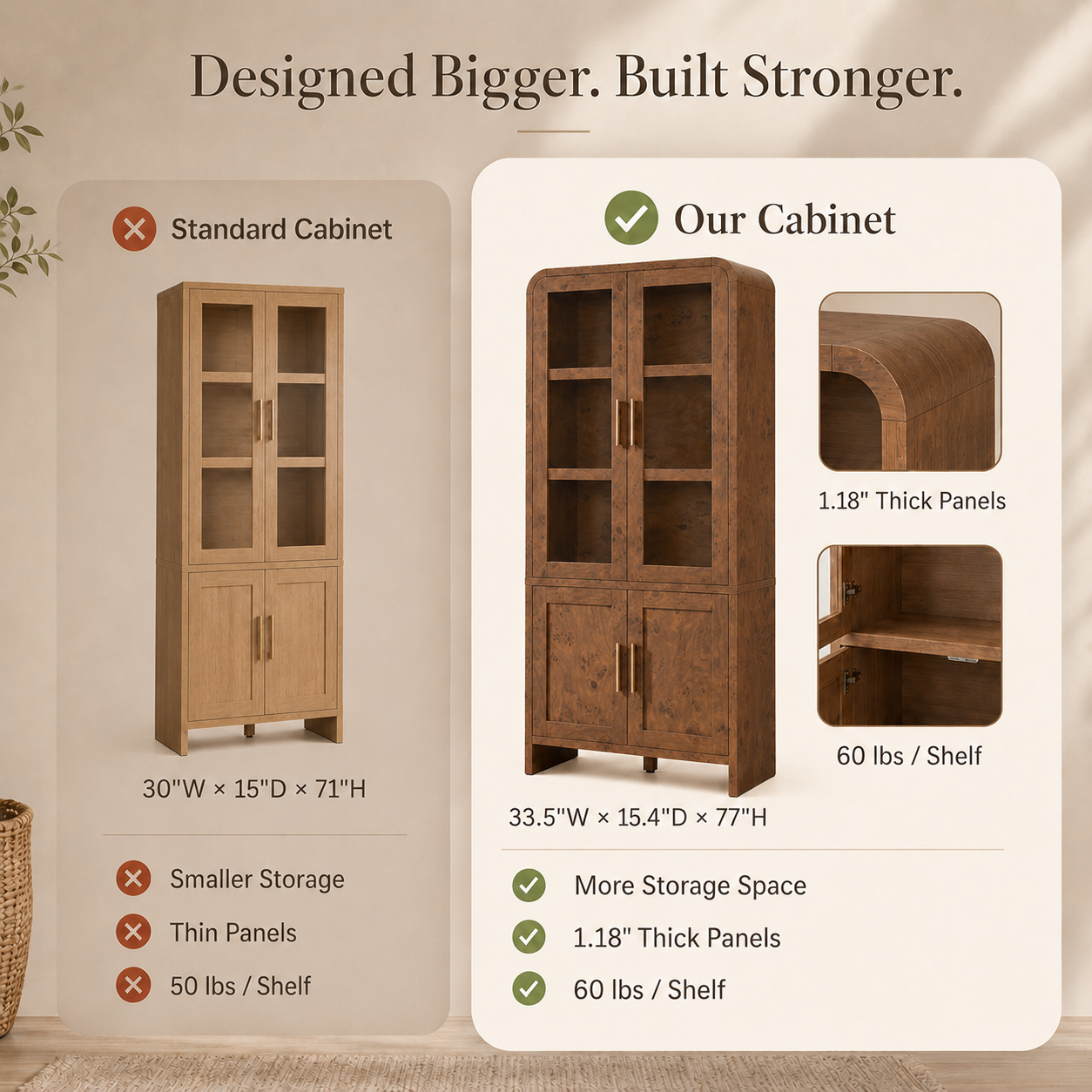 Vintagearth 77" Tall Kitchen Pantry Cabinet, 1.18'' Thick Panel Curved Storage Cupboard with Adjustable Shelf, Freestanding Organizer for Kitchen, Dining Room, Dark Burl, 2 pc