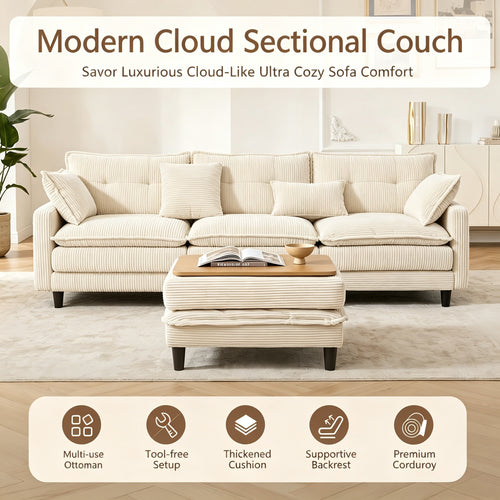 Vintagearth 108'' Sectional Modular Sofa L Shaped Cloud Couch with 1 Ottomans & 4 Pillows Tool-free Easy Assembly for Living Room Apartment, Beige