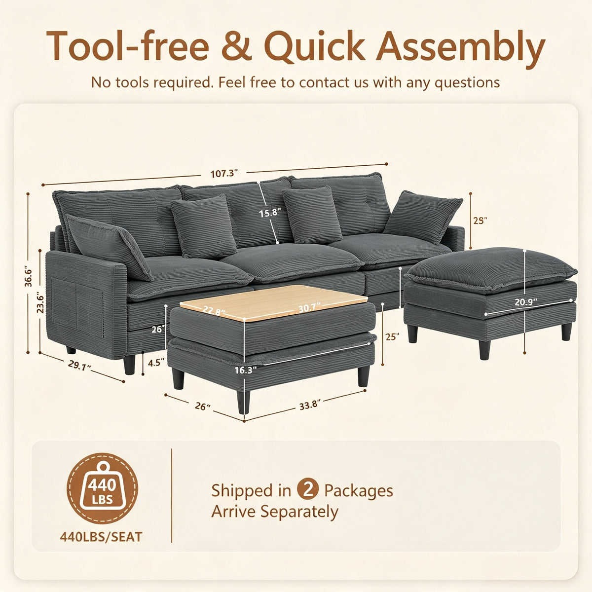 Vintagearth 108'' Cloud Couch U Shaped Modular Sectional Sofa with 2 Ottomans & 4 Pillows, Tool-free Easy Assembly for Living Room Apartment, Gray