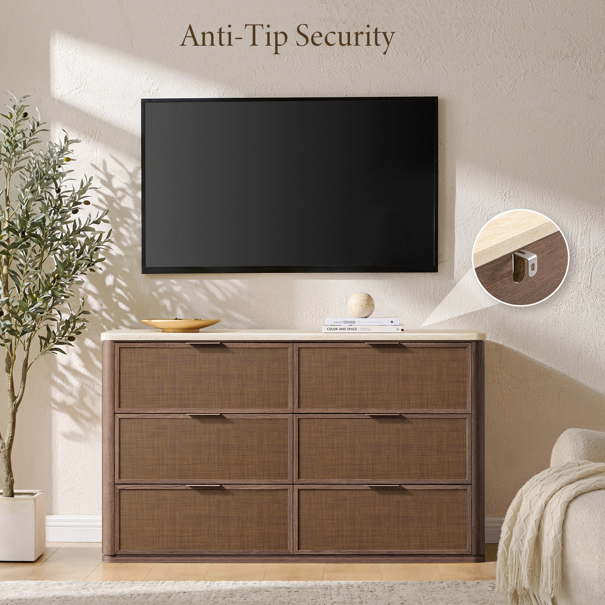 Vintagearth 6 Drawer Dresser for Bedroom, Rattan Fronts Faux Travertine Top 54.5" Wide Chest of Drawers, FSC-Certified Thick Wood, Dark Oak