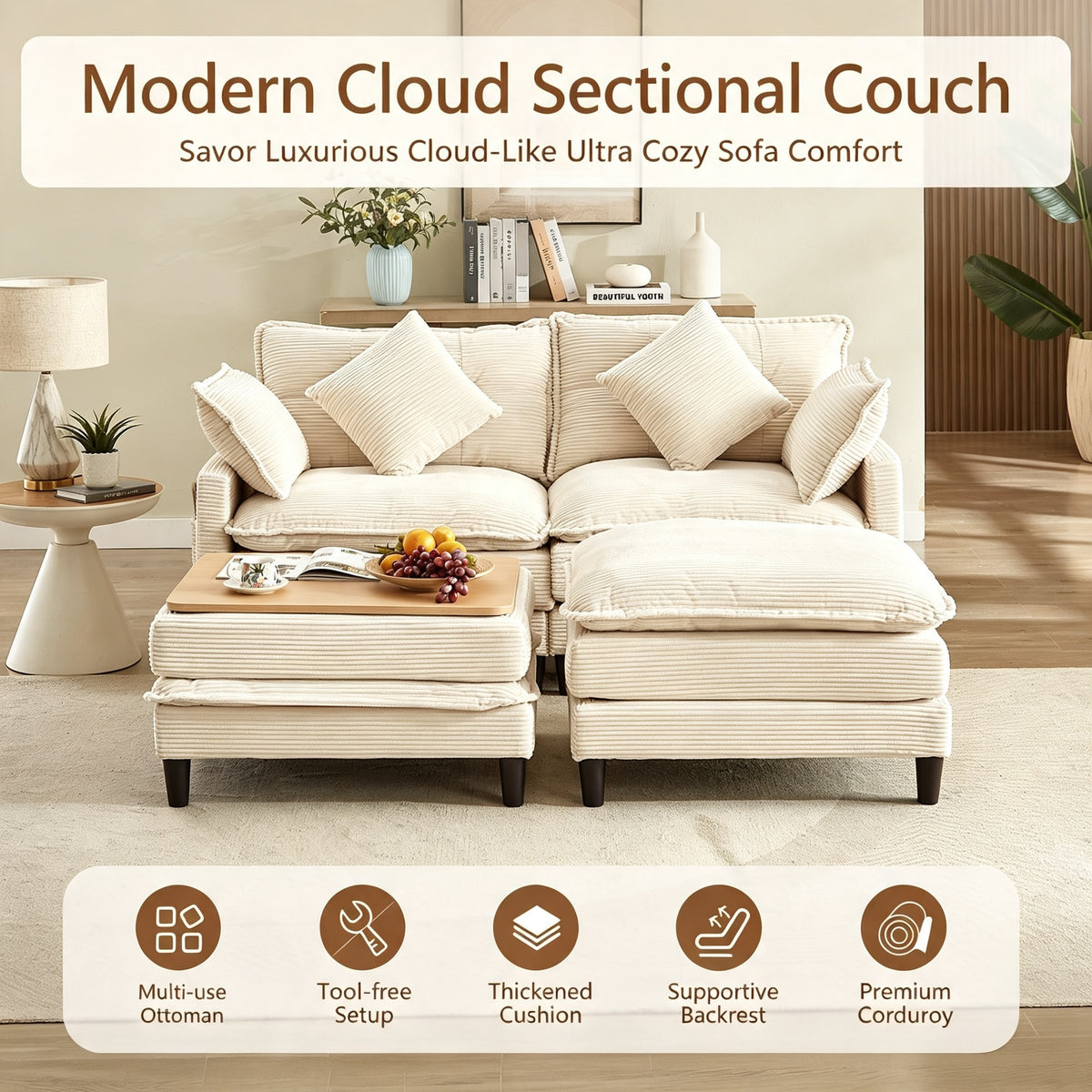 Vintagearth 73.5'' Sectional Modular Sofa Cloud Couch with 2 Ottomans & 4 Pillows Tool-free Easy Assembly for Living Room Apartment, Beige