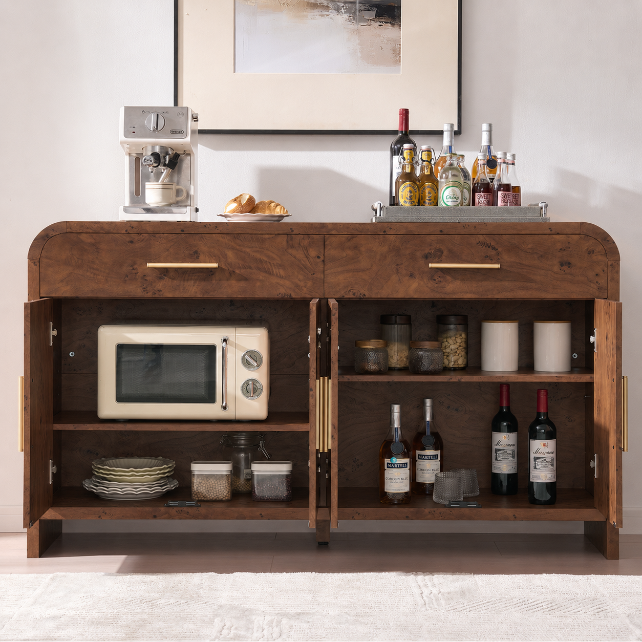 Vintagearth 60" Sideboard Buffet Cabinet with 2 Drawers & 4 Doors, Mid Century Storage Cabinet with Adjustable Shelves, Thick FSC-Certified Wood for Dining Room, Living Room & Entryway, Dark Burl