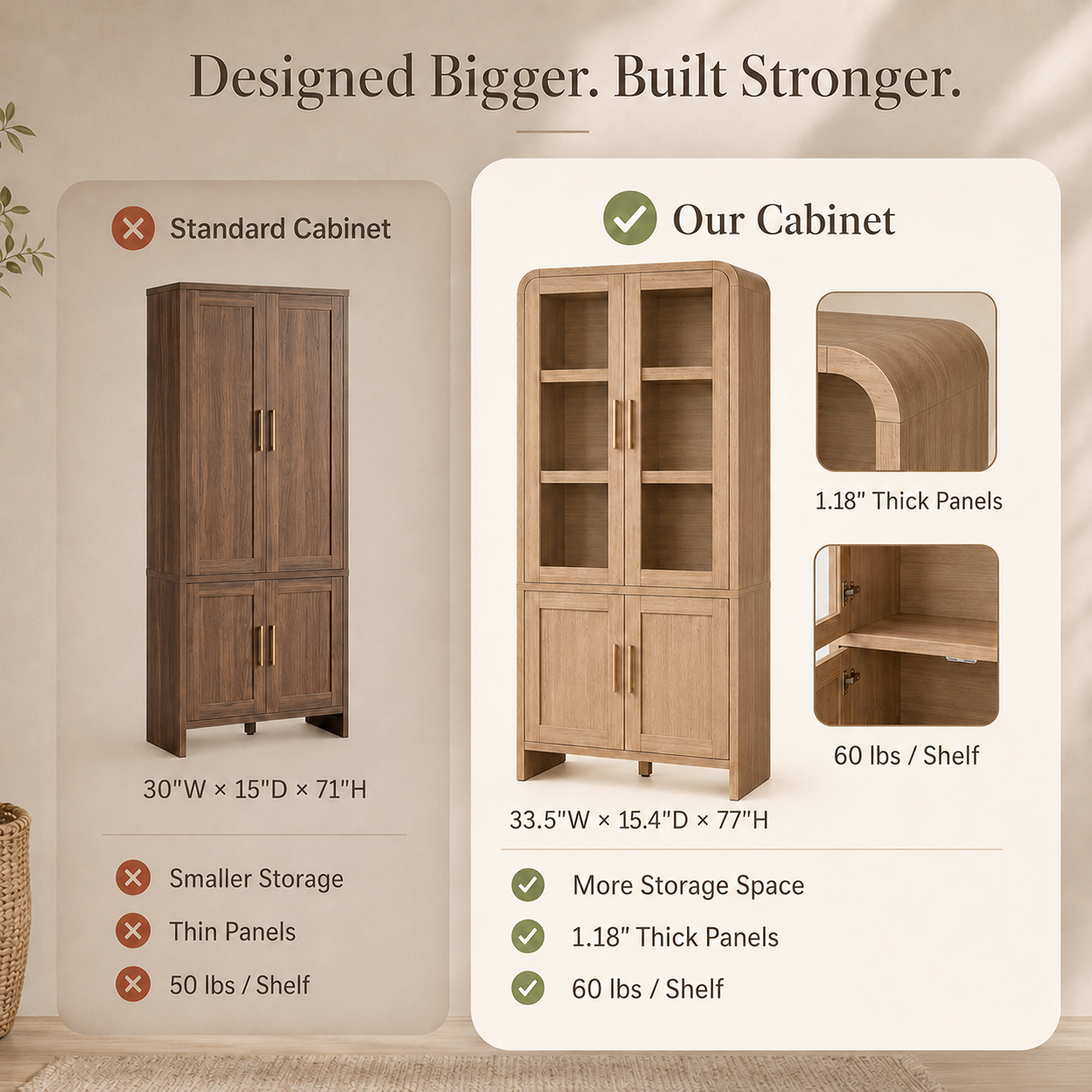 Vintagearth 77" Tall Kitchen Pantry Cabinet, 1.18'' Thick Panel Curved Storage Cupboard with Adjustable Shelf, Freestanding Organizer for Kitchen, Dining Room, Oak, 2 pc