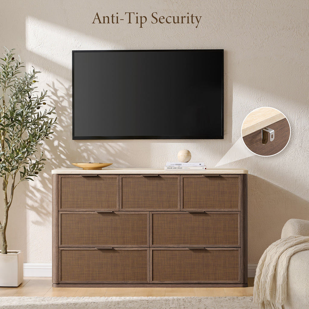 Vintagearth 7 Drawer Dresser for Bedroom, Rattan Fronts Faux Travertine Top, 1.97" Thick Stable Wooden Chest of Drawers, Dark Oak