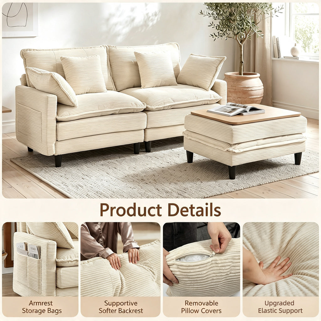 Vintagearth 73.5'' Sectional Modular Sofa Cloud Couch with 1 Ottomans & 4 Pillows Tool-free Easy Assembly for Living Room Apartment, Beige