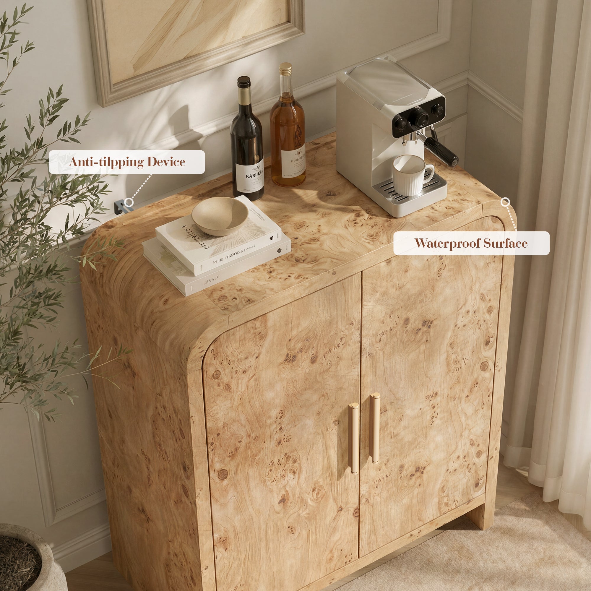 Vintagearth 33.4" Sideboard Buffet Cabinet with 2 Door, 1.18" Thick FSC-Certified Wood Storage Cabinet with Adjustable Shelf for Kitchen, Living Room, Entryway, Light Burl, 2 pc