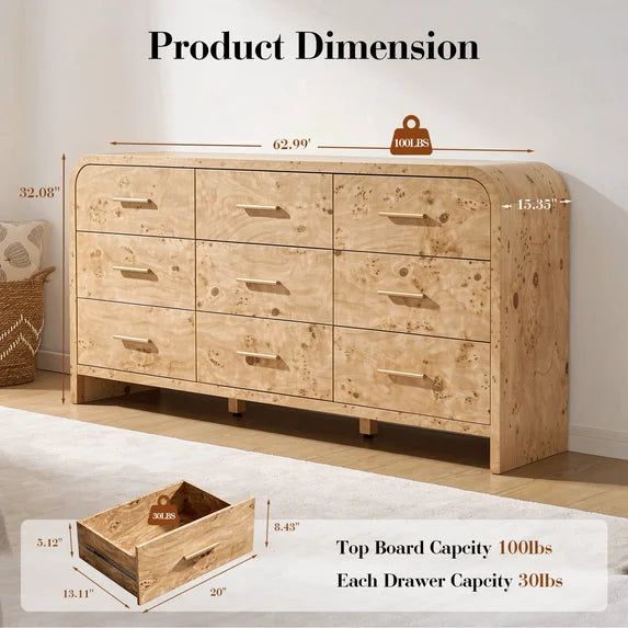 Vintagearth 9 Drawers Dresser for Bedroom, Curved FSC-certified Wood 1.18" Thick Board Dressers & Chests of Drawers for Living Room, Hallway, Entryway, Light Burl