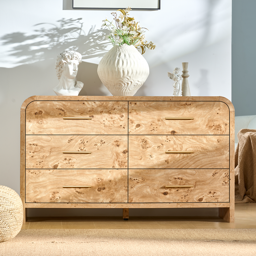 Vintagearth 6 Drawer Dresser for Bedroom, 54" Wide Storage Cabinet with Thick FSC-Certified Wood, Curved Edge Design, Large Capacity, Light Burl