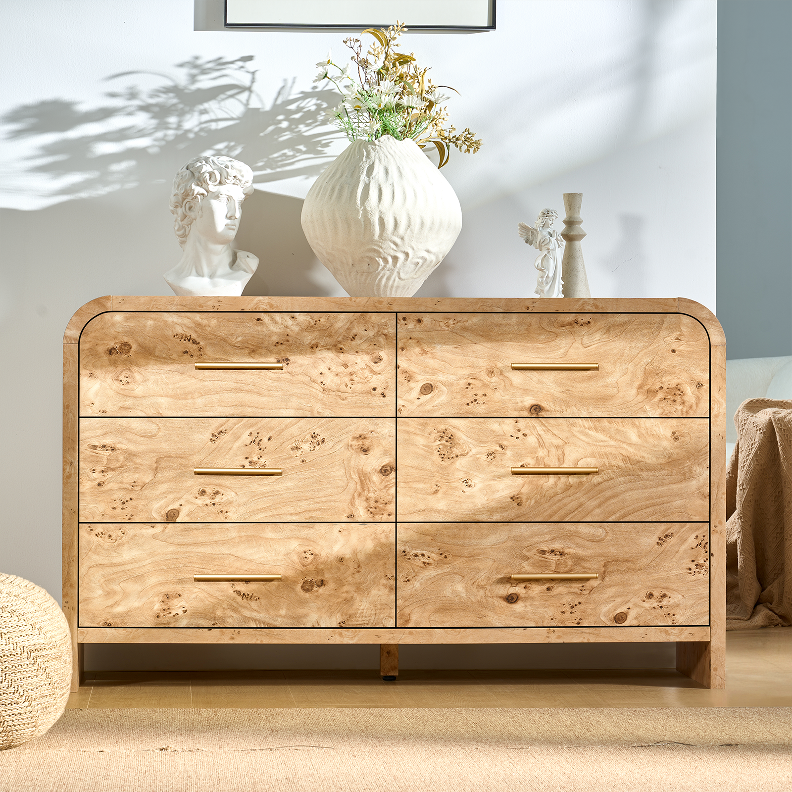 Vintagearth 6 Drawer Dresser for Bedroom, 54" Wide Storage Cabinet with Thick FSC-Certified Wood, Curved Edge Design, Large Capacity, Light Burl
