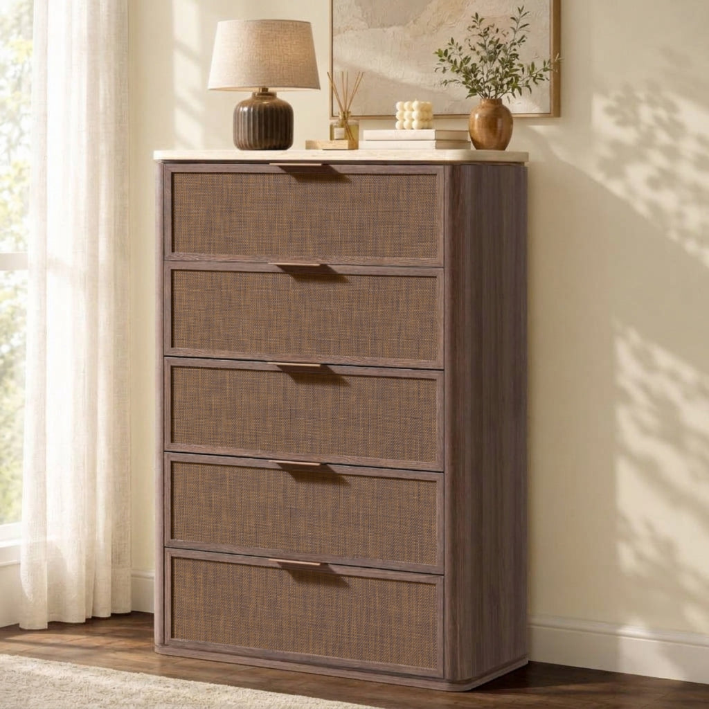 Vintagearth 5 Drawer Dresser for Bedroom, 46.2" Tall Chest of Drawers, 1.9" Thick Wood Rattan Fronts Faux Travertine Top, Dark Oak