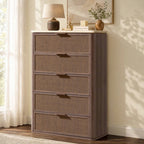 Vintagearth 5 Drawer Dresser for Bedroom, 46.2" Tall Chest of Drawers, 1.9" Thick Wood Rattan Fronts Faux Travertine Top, Dark Oak