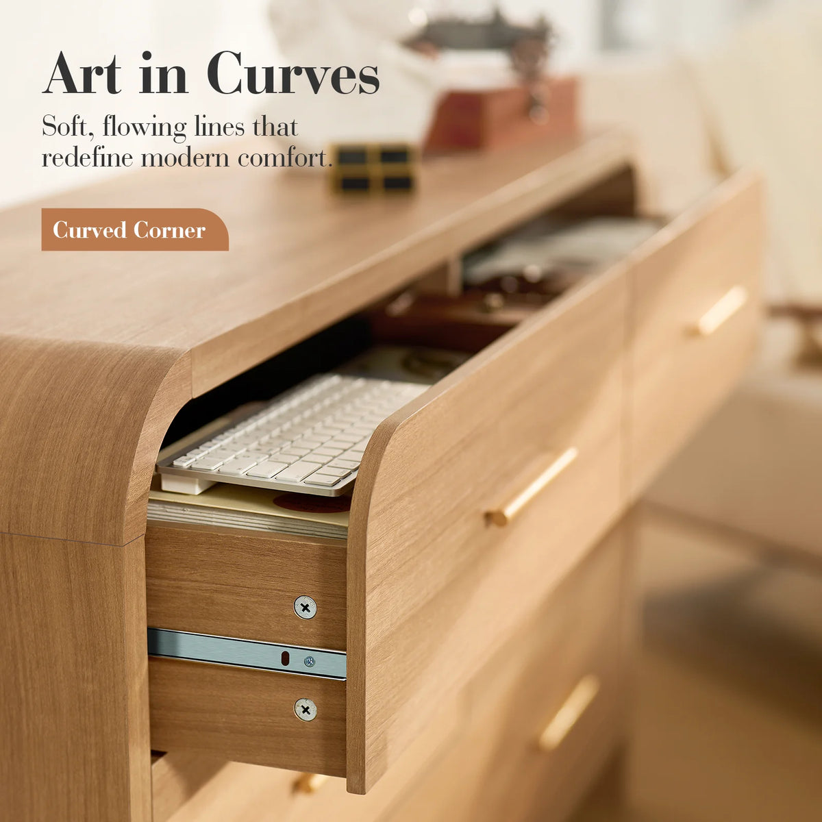 Vintagearth 6 Drawer Dresser for Bedroom, Curved 1.18" Thick FSC Certified Wood, Oak