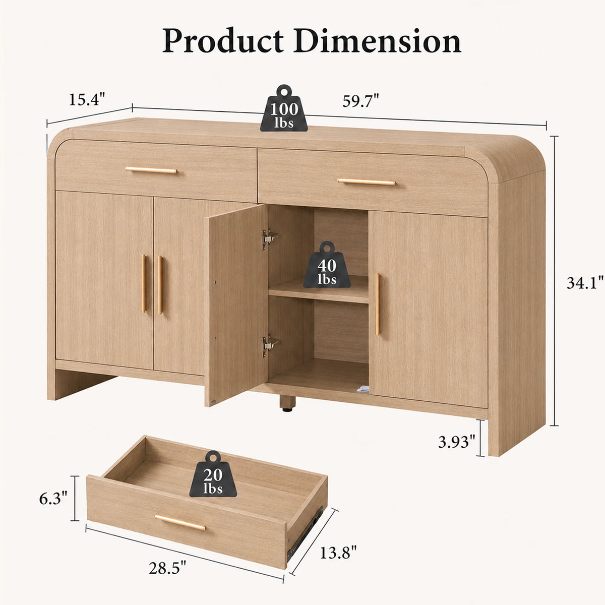 Vintagearth 59.7" Sideboard Buffet Cabinet with 4 Doors & 2 Drawers, Modern Storage Cabinet with Adjustable Shelves, 1.18" Thick FSC-Certified Wood for Dining Room, Living Room, Entryway, Oak