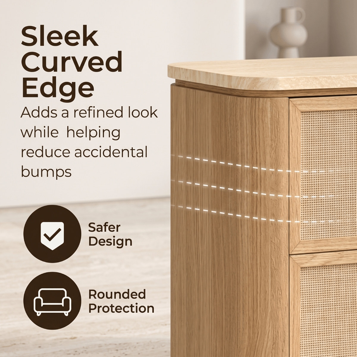 Vintagearth Nightstand 23.11" W Rattan Faux Marble Top Bedside Table, FSC-Certified 1.97" Thick Wood End Table, 3 Drawer Storage, Natural Oak