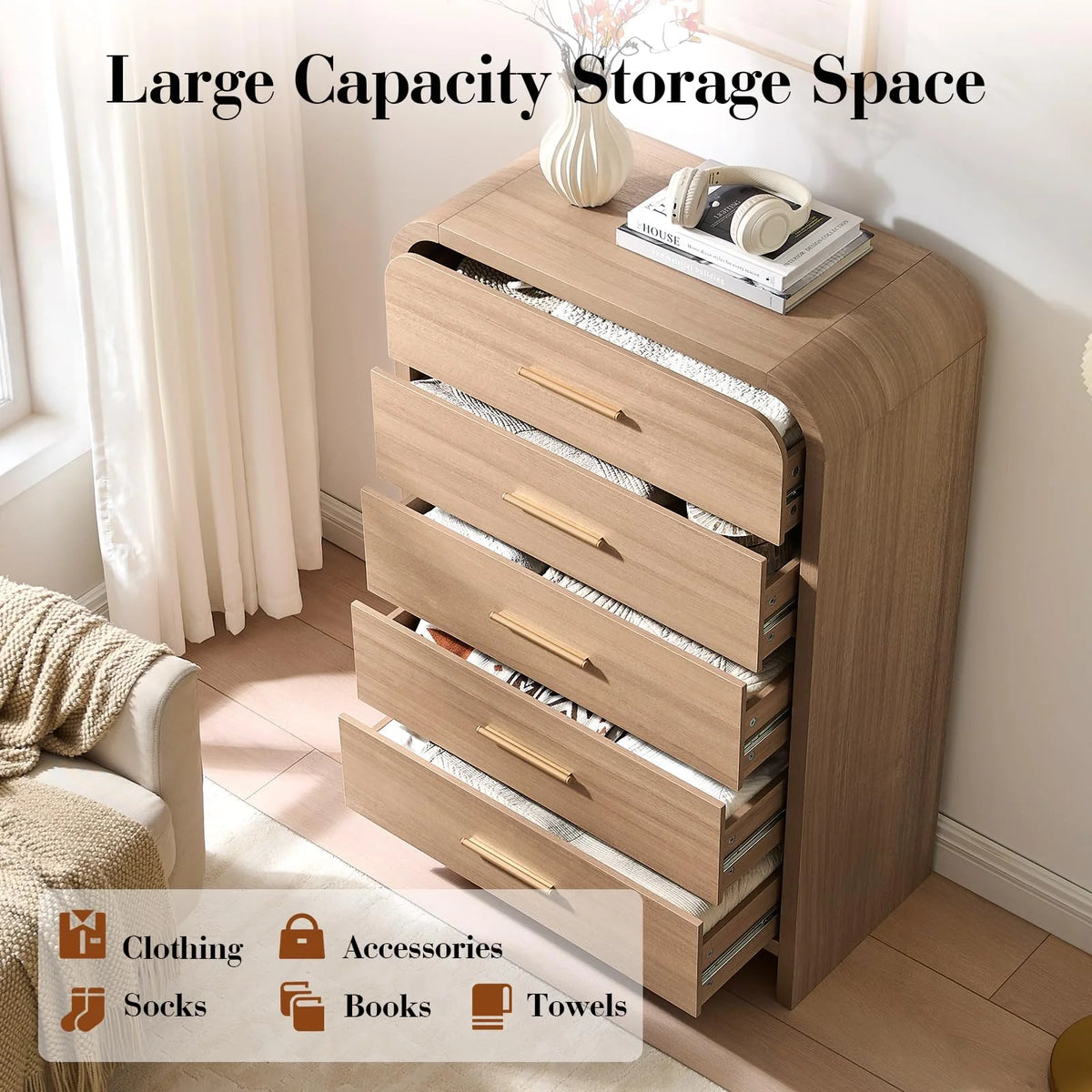 Vintagearth 5 Drawer Dresser for Bedroom, Curved 1.18" Thick FSC Certified Wood, Oak