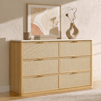 Vintagearth 6 Drawer Dresser for Bedroom, 54.5" Wide Faux Travertine Top & Rattan Fronts Chest of Drawers, Wood Dresser TV Stand for Living Room, Natural Oak