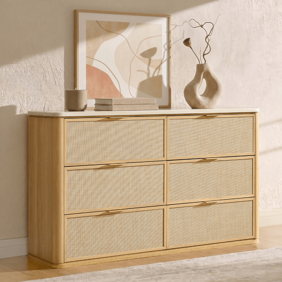 Vintagearth 6 Drawer Dresser for Bedroom, Rattan Fronts Faux Travertine Top 54.5" Wide Chest of Drawers, FSC-Certified Thick Wood, Natural Oak