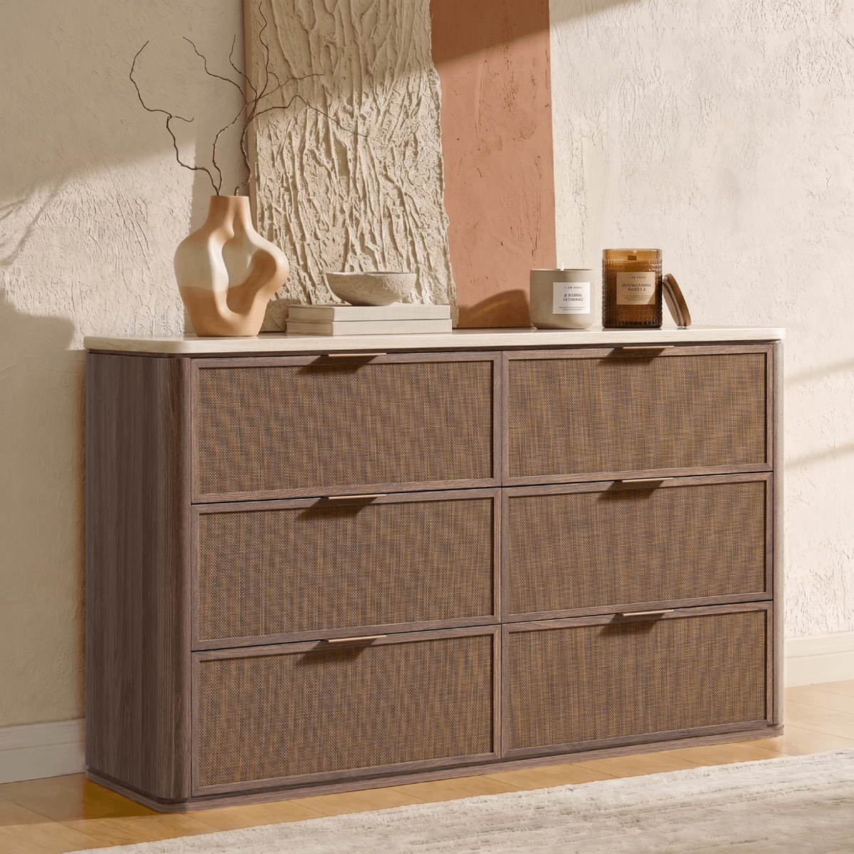Vintagearth 6 Drawer Dresser for Bedroom, 54.5" Wide Faux Travertine Top & Rattan Fronts Chest of Drawers, Wood Dresser TV Stand for Living Room, Dark Oak