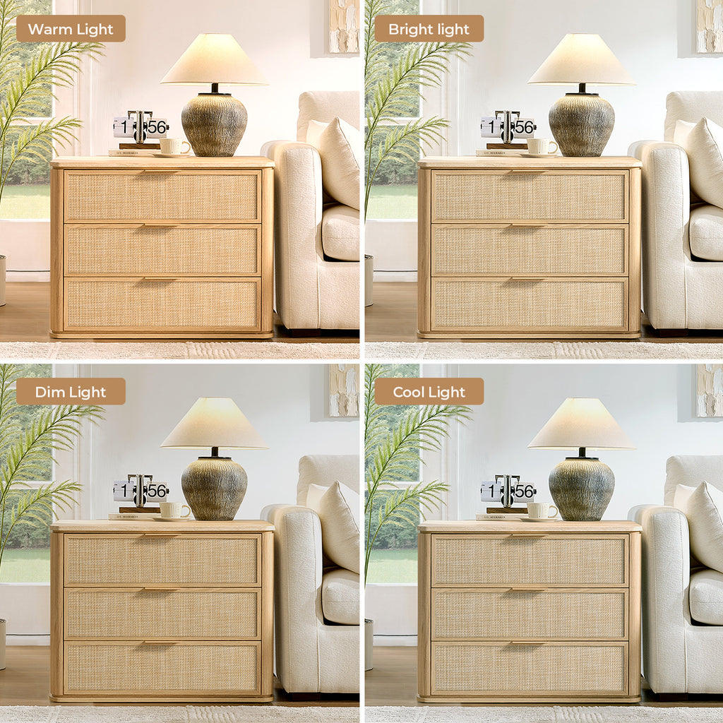 Vintagearth Nightstand Set of 2, 23.11" W Rattan Faux Marble Top Bedside Table, FSC-Certified 1.97" Thick Wood End Table, 3 Drawer Storage, Natural Oak