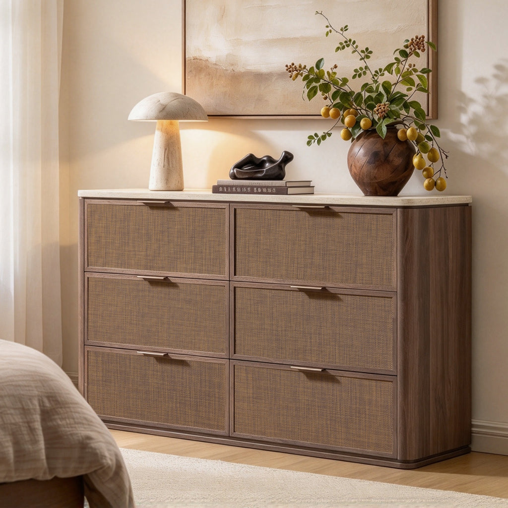 Vintagearth 6 Drawer Dresser for Bedroom, Rattan Fronts Faux Travertine Top, 1.97" Thick Stable Wooden Chest of Drawers, Dark Oak