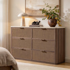 Vintagearth 6 Drawer Dresser for Bedroom, Rattan Fronts Faux Travertine Top, 1.97" Thick Stable Wooden Chest of Drawers, Dark Oak