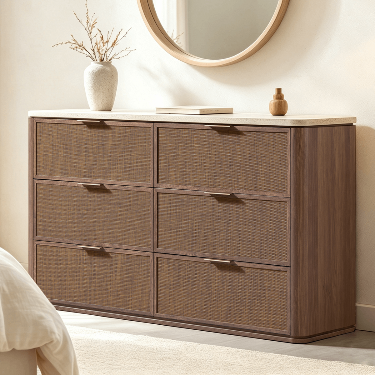 Vintagearth 6 Drawer Dresser for Bedroom, 54.5" Wide Faux Travertine Top & Rattan Fronts Chest of Drawers, Wood Dresser TV Stand for Living Room, Dark Oak